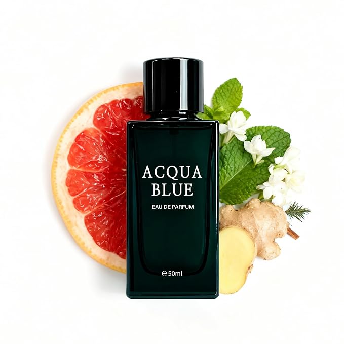 Acqua Blue Eau de Parfum for Men, 50ml Fresh Woody Fougere Cologne with Lemon, Mint & Pink Pepper Notes, Long-Lasting Clean Masculine Fragrance for Office, Daily Wear & Gifts