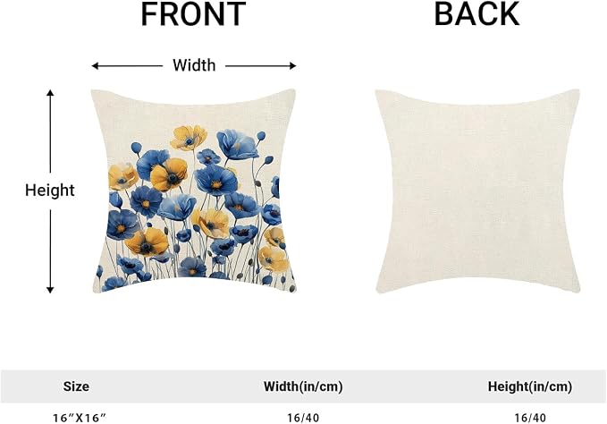 Spring Floral Pillow Covers 16x16 Set of 2 Blue Yellow Flower Decorative Throw Pillow Covers Decor Summer Seasonal Pillowcase Farmhouse Decorative Cushion Cover for Home Sofa Outdoor Decoration