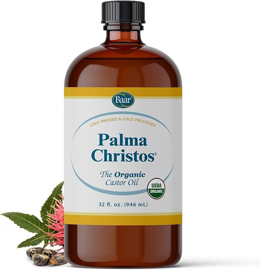 Baar Palma Christos Organic Castor Oil, Amber Glass Bottle, Cold-Pressed, Hexane-Free, for Skin, Hair, Eyelashes, Brows, Scalp, Massage & Castor Oil Packs, 32 oz