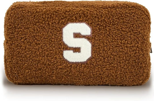 Cute Makeup Bag, Initial Cosmetic Bag, Fuzzy Makeup Bags for Women, Brown Makeup Pouch with Chenille Letter, Monogrammed Gifts for Women, Brown S