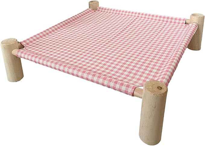 Pozico Elevated Cat & Dog Bed – Wooden Frame Pet Hammock for Small Dogs & Cats, Indoor/Outdoor Raised Bed with Breathable Mesh, Portable Pet Cot Furniture – Pink Grid