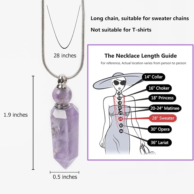 AMOYSTONE 1P Natural Amethyst Necklace Long Chain, Healing Oil Crystals Perfume Necklace Aromatherapy Bullet Shape Pendant Womens Gift