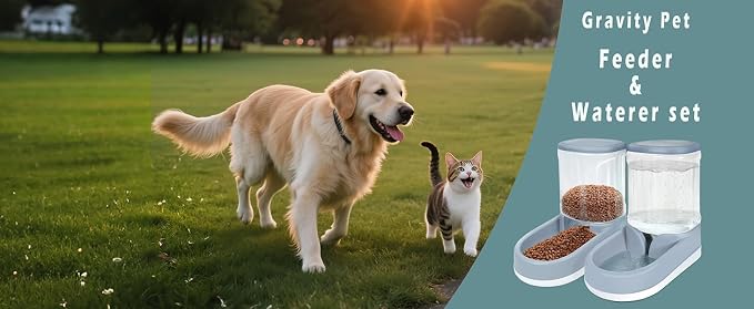 MOLOPARTY Automatic Dog Cat Feeder and Water Dispenser Gravity Food Feeder and Waterer Set with Pet Food Bowl for Small Medium Dog Puppy Kitten, Large Capacity 1 (Pet Feeder and Waterer Set)