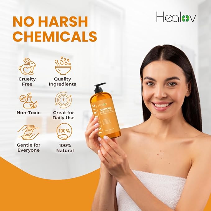 Healov Turmeric Body Wash – Skin Brightening Soap for Dark Spots, Hyperpigmentation – Exfoliating Turmeric Face Wash Reduces Acne, Scars, & Cleanses Skin – Natural Bath Liquid Soap