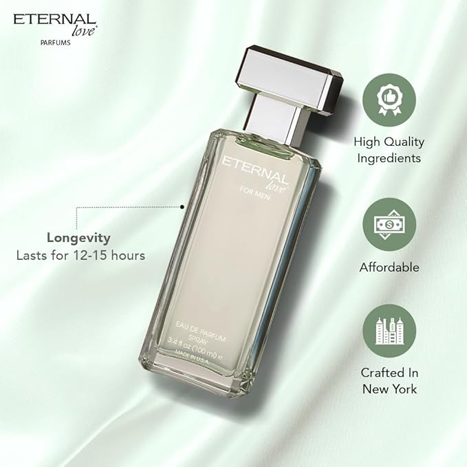 Eternal Love for Men - Long Lasting Eau de Parfum Spray - Premium Clean Fragrance with Amber & Cedarwood - Fresh Sophisticated Scent - 3.4oz