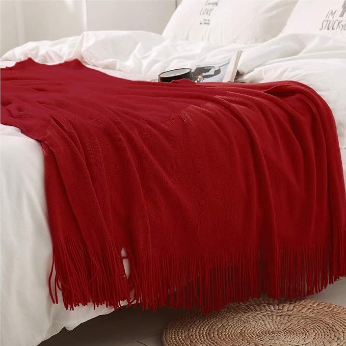 Homiest Red Knitted Throw Blanket with Fringe, 60x80 Inch | Pure Acrylic, Lightweight & Breathable, All-Season Use, Machine Washable, Wrinkle & Fade Resistant, for Couch Sofa And Bed