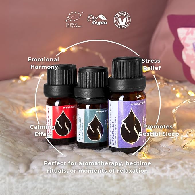Set Sweet Dreams Organic Essential Oils | Lavender (10 ml) + Roman Chamomile (5 ml) + Real Melissa (5 ml) | 100% Pure and Natural | Undiluted | Therapeutic Grade | Non-GMO | 3 pcs