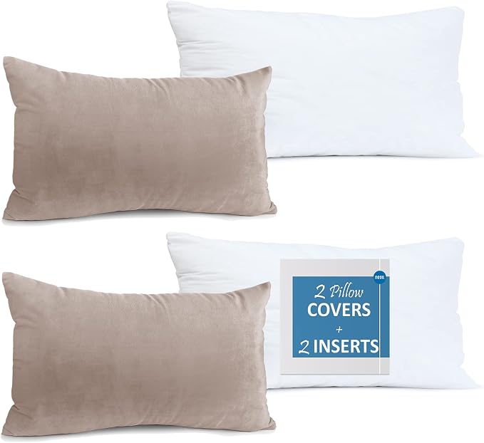 Throw Pillow Inserts Pack of 2 with Velvet Soft Solid Decorative Square Throw Pillow Covers Set for Sofa Couch Car Bedroom, 12X20 Throw Pillows Inserts with 12x18 Washable Cushion Covers, Taupe Sand