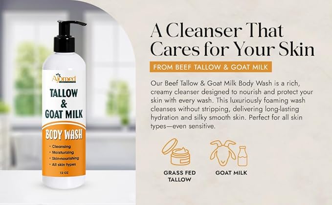 Tallow & Goat Milk Body Wash, handmede body soap Moisturizing and Cleansing for All Skin Types 12 oz (Regular)