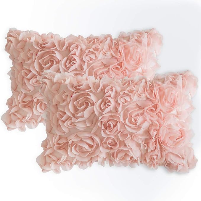 MIULEE Decorative Rose Flower Pillow Covers Pack of 2 Peach Pink 12x20 Inch | Cute Romantic Stereo Chiffon Throw Pillow Cover Aesthetic Solid Pillowcase for Girl Coquette Room Decor Coach Bedroom