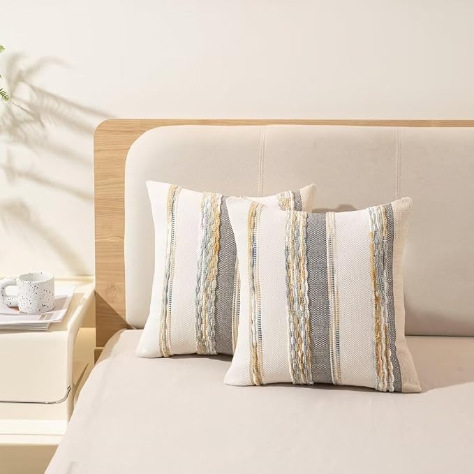 Boho Throw Pillow Covers Decorative Neutral Farmhouse Pillow case | 18x18 Set of 2 Cushion Case Striped Square Pillows Cover Couch Pillow Cases Accent Pillowcase for Sofa Bed,Orange Gray