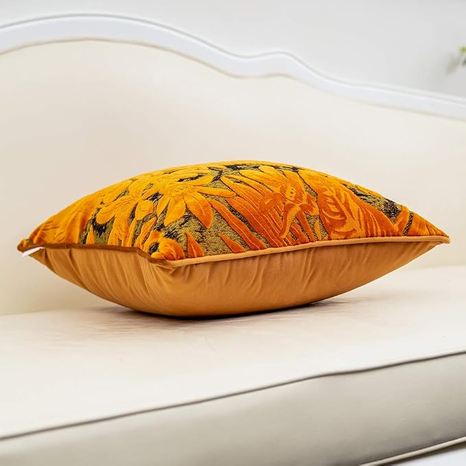 Alerfa 18 x 18 Inch Orange Square Maple Leaf Pillow Embroidery Cut Velvet Cushion Case Luxury Modern Lumbar Throw Pillow Cover Decorative Pillow for Couch Sofa Living Room Bedroom Car