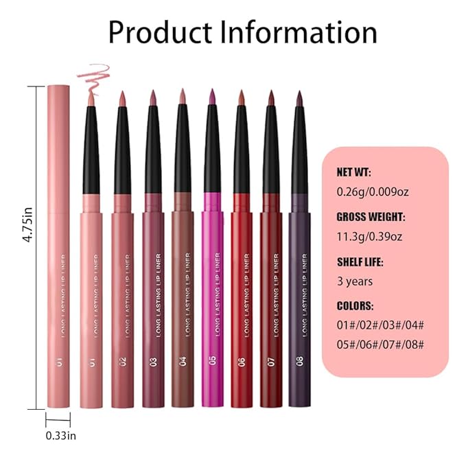8Pcs Gel Lip Liner Pencil Set for Women, Matte Long Lasting LipLiner Lipstick 24 Hour, High Pigmented Lips Makeup Retractable Liners Waterproof Smudge Proof, Vegan & Cruelty-Free