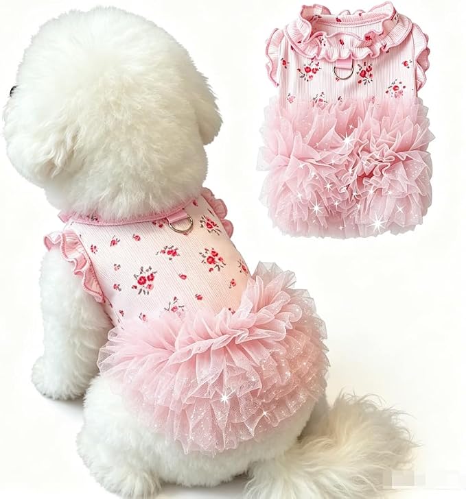 Dog Dresses for Small Dogs Girl,Floral Dog Tutu Dress,Pet Clothes for Puppy Small Cats Cute Dog Princess Skirt for Female Pet Birthday Party Outfit（Pink,Small）