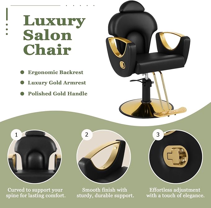 Black and Gold Reclining Salon Barber Chair for Hair Stylist, Hydraulic Pump Hair Salon Chair, 360° Swivel Styling Chair for Home or Barbershop