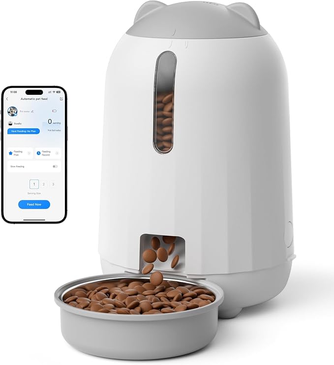 PAPIFEED Automatic Cat Feeder, Smart WiFi App Control Pet Feeder 2.4GHz, 3L Auto Food Dispenser for Cats & Small Dogs, Timed Feeding, Portion Control, Dual Power Supply, Easy Clean, Grey