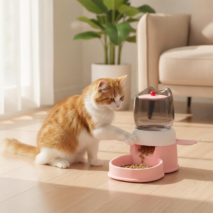 Automatic Pet Feeder Cat Dog Food Station with Bowl Manual Dispenser Side Push Lever Transparent Container Compact Stable Base Suitable for Apartments Kitchens Home Feeding Areas, Color to 2