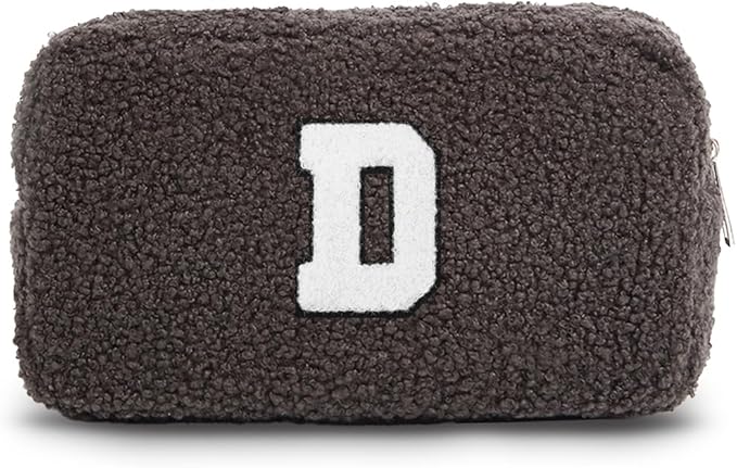 Cute Makeup Bag, Initial Cosmetic Bag, Fuzzy Makeup Bags for Women, Beauty Pouch with Chenille Letter, Personalized Cosmetic Pouch for Travel, Dark Grey D