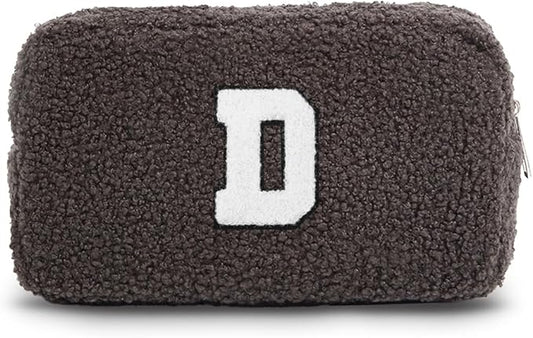 Cute Makeup Bag, Initial Cosmetic Bag, Fuzzy Makeup Bags for Women, Beauty Pouch with Chenille Letter, Personalized Cosmetic Pouch for Travel, Dark Grey D
