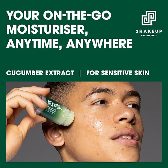 Shakeup Cosmetics Mens Moisturiser Stick, Hydrating Face Balm, Vegan with Witch Hazel & Cucumber, Travel Friendly, Great for Post-Workout & Post-Swim Dry Skin, 35g. Aka. HYDRATE IN A HURRY