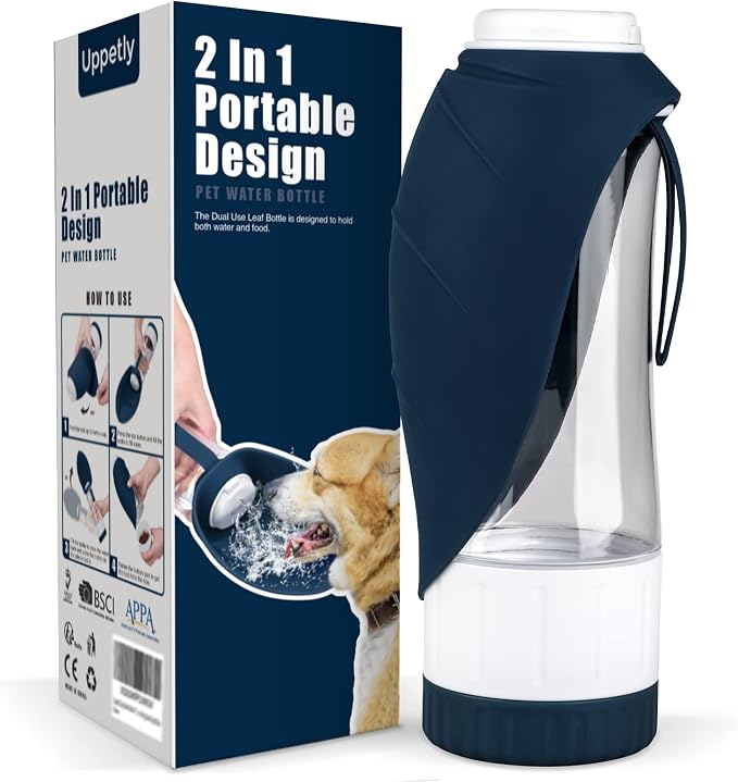 Uppetly Dog Water Bottle, Portable Pet Water Bottle with Food Container and Drinking Feeder, Leak Proof, BPA-Free, Foldable Puppy Water Cup Dispenser for Outdoor Walking, Travel, Hiking 20OZ