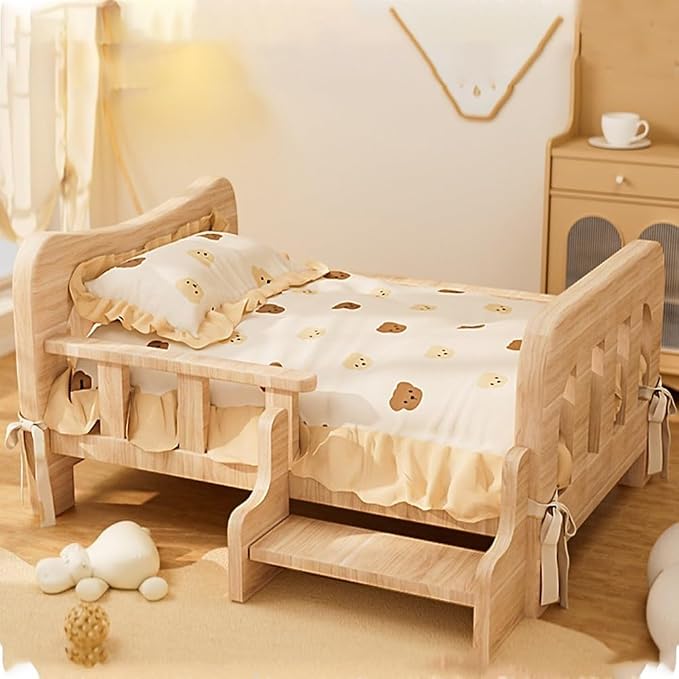 Wood Dog Bed, Floor Standing Pet Furniture with Winter Bedding and Stairs, Comfortable Resting Solution for Pets, Easy Assembly(22.8 X 16.5 X 11.8IN)