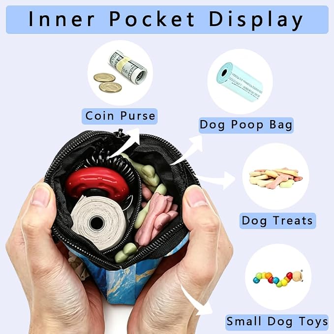 Dog Treat Pouch 5.12 x 4.72 Inch Treat Pouches for Pet Training Blue Marble Texture Polyester Portable Snack Reward Dog Food Dispenser with 1 Roll Garbage Bags for Traveling Outdoor Use