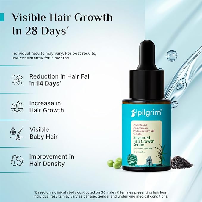Pilgrim Hair Growth Serum for Thinning Hair | 3% Redensyl, 4% Anagain & 5% Capilia Stem Cell | Strengthens, Nourishes & Revitalizes Hair | Korean Black Rice | 0.85 Fl Oz (25ml)
