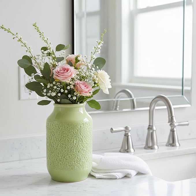Green Ceramic Vase for Flowers, 9 Inch Decorative Vase for Pampas Grass, Modern Texture Vases for Home Decor, Table Shelf, Kitchen, Living Room Decor