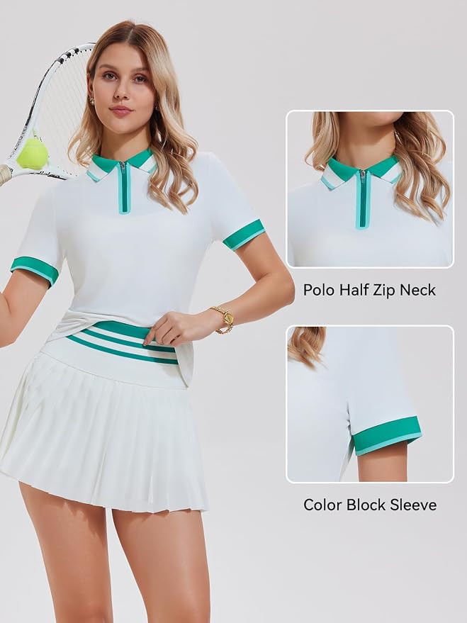 Tennis Skirt Sets for Women Zipper Color Block High Waisted Golf Polo Two Piece Skirt Set Women 2 Piece Outfits