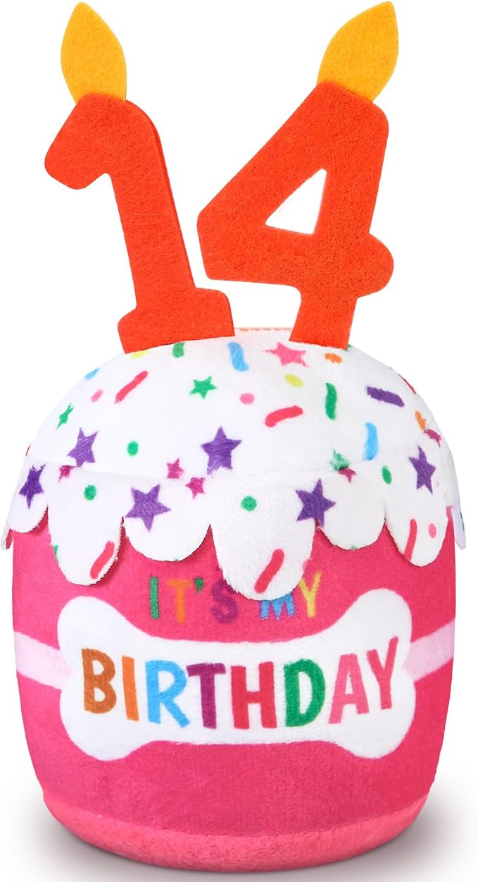 Dansydaisy Dog Birthday Cake Toy Squeaky Plush Gift,14th,Pink