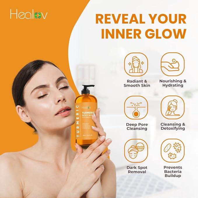 Healov Turmeric Body Wash – Skin Brightening Soap for Dark Spots, Hyperpigmentation – Exfoliating Turmeric Face Wash Reduces Acne, Scars, & Cleanses Skin – Natural Bath Liquid Soap