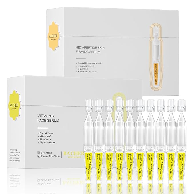 Autumn/Winter Care | BACHERI Vitamin C + Hexapeptide Face Serum – AM/PM Ampoule Duo for 25+ Skin – Brightening, Hydrating, Firming & Anti-Aging Facial Serums for Dry, Sensitive & Early-Aging Skin