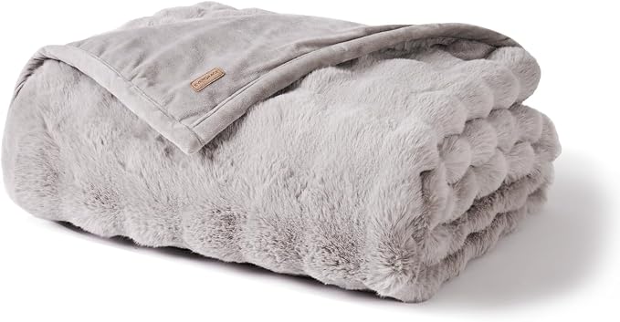 Faux Rabbit Fur Bubble Throw Blanket, 60"x80", Taupe | Ultra Soft, Luxury Faux Rabbit Fur Throw, Thick Warm Bubble Blanket, Cozy Fluffy Reversible, for Bed, Couch, Chair, Sofa