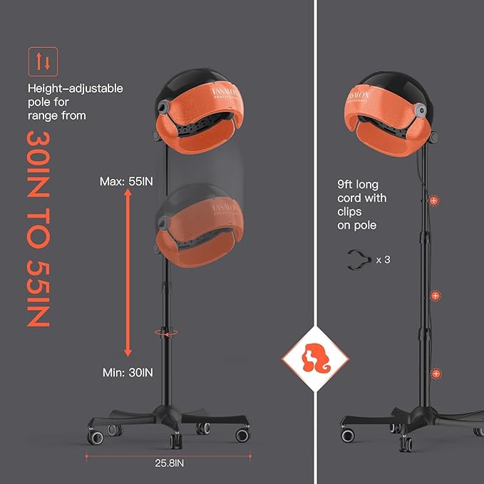 TASALON Ionic Hooded Hair Dryer. 1875W Height Adjustable Hooded Dryer with 3 Temprature Settings. Professional Hair Dryer for Salon, Hairestylist and Home. Orange