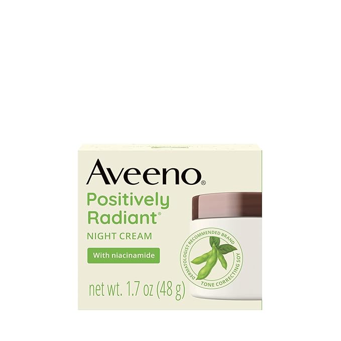 Aveeno Positively Radiant Moisturizing Face & Neck Night Cream with Tone Correcting Soy & Niacinamide,Night Cream Targets Dull Skin-& Evens Skin Tone-& Texture,Hypoallergenic,1.7 oz,(Pack of 2)