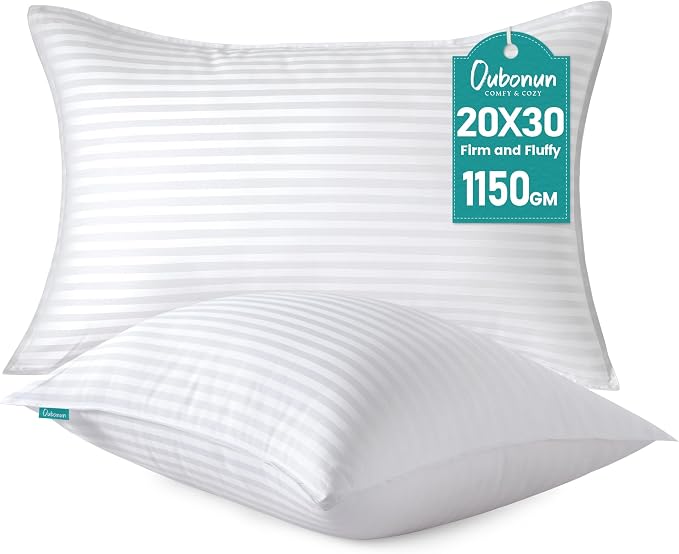 Oubonun Queen Size Pillows Set of 2, 20 x 30 Inch | Fluffy & Supportive Down Alternative Pillows with Zippered Cotton Cover - Breathable and Cool for All Sleeping Positions