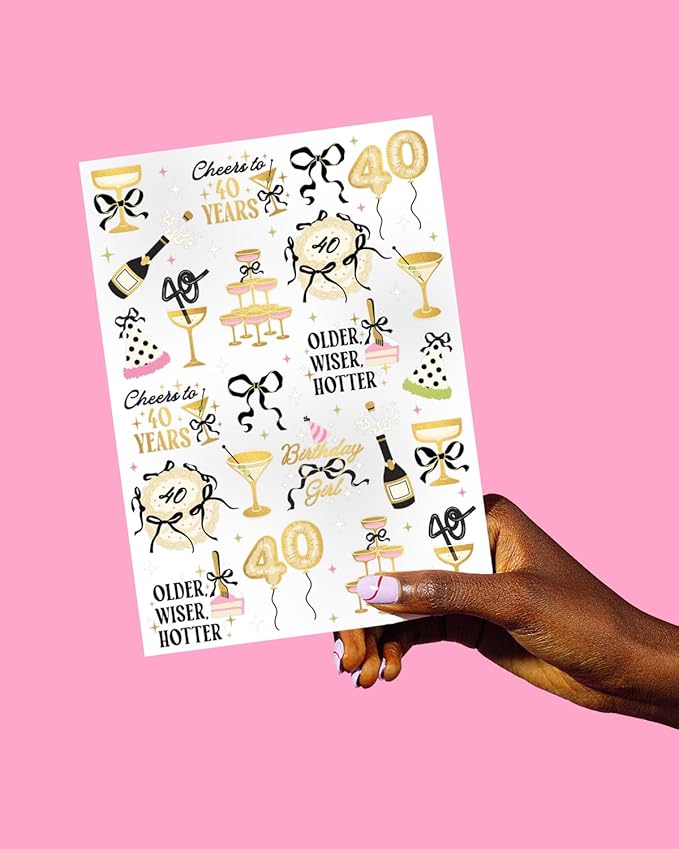 xo, Fetti 40th Birthday Temporary Tattoos - 46 designs, 2 sheets | Gold Foil, Milestone Party Favors, Forty Celebration Decor, Photo Booth Props, Glam Accessory, Adult Birthday