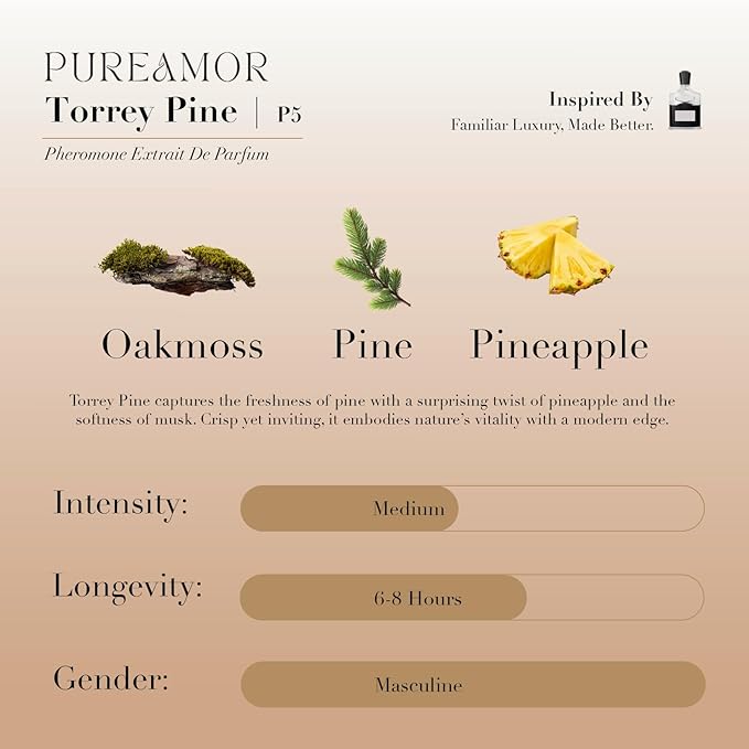 PUREAMOR Pheromone Perfume for Women, Torrey Pine Extrait de Parfum – Fresh Woody Scent with Pine, Cedarwood & Musk, Long Lasting Fragrance, 0.4 oz / 12 ml Travel Size