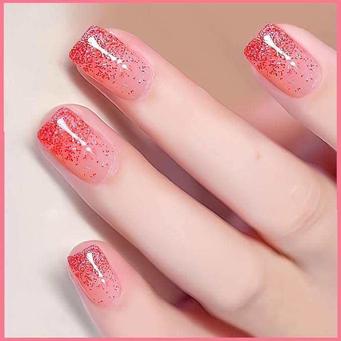 Red Glitter Nail Polish, Clear Base Sparkly Nailpolish with Red & White Glitter, 12ML Air Dry Gel Nail Polish No UV Needed, Transparent Sparkle Top Coat for Women Girls