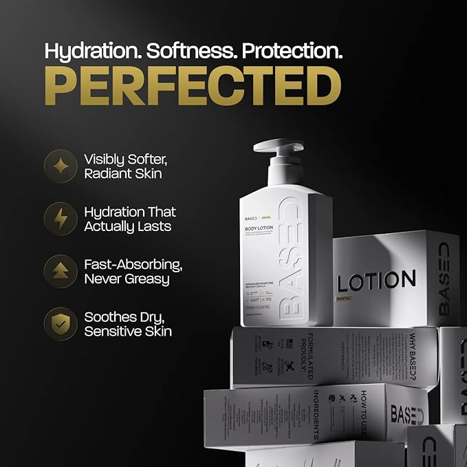 BASED Body Lotion with Ceramides - Santal Scent Men's Hydrating Moisturizer - Fast Absorbing Non Greasy Formula - Softens Dry Skin - Formulated & Filled in USA (13.5 Fl Oz, Pack of 1)