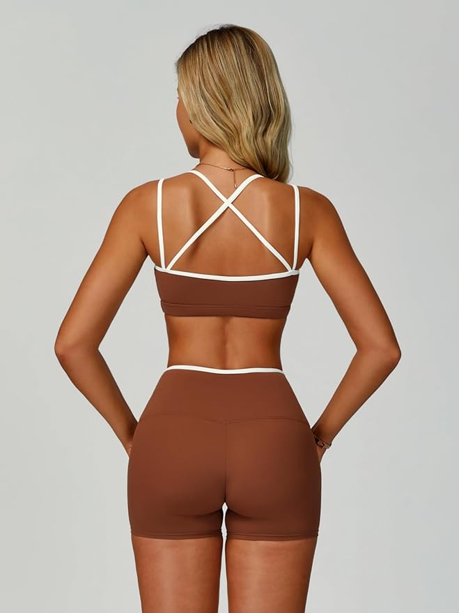 ABOCIW Workout Sets for Women 2 Piece Color Block Strappy Sports Bra High Waist Shorts Gym Yoga Pilates Outfits