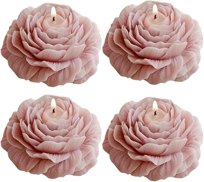 4 Pack Peony Flower Shaped Decorative Scented Candles, Floral Aromatherapy Decor for Wedding Bridal Shower, Dessert & Flower Cake Table, Birthday Gifts for Women Mom Wife (Dust Pink)