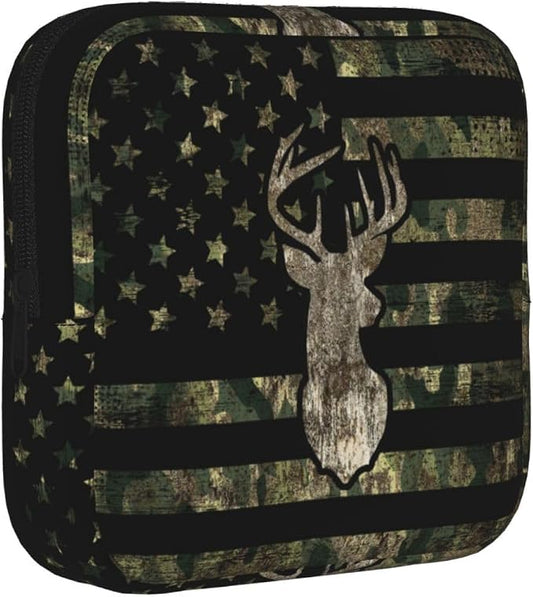 Military Camo Camouflage American Flag Hunting Deer Tactical Period Bag For Women,Portable Sanitary Napkin Period Pad Pouch For Purse, Small Make Up Bags