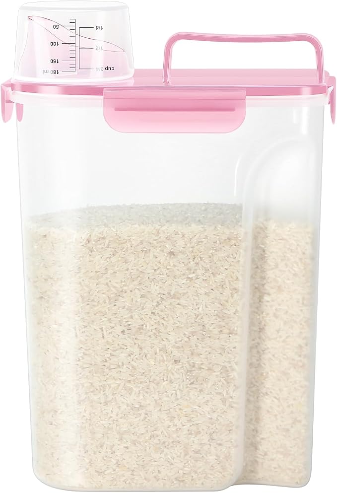 LEAWALK Airtight 10LBS Rice/Cereal/Dry Food Storage Container BPA Free, 5.28Qt Clear Plastic Kitchen and Pantry Organization Bin Suitable for Oats, Flour, Sugar, Pasta, Pet Food, etc (Rose Pink)