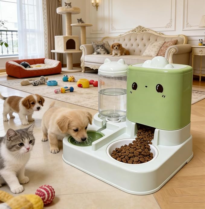 Pet Automatic Feeder Cat Dog Feeding Bowl Food Water Dispenser with Refillable Storage Container Large Capacity Rabbit Feeder Watering Bowls (Green)