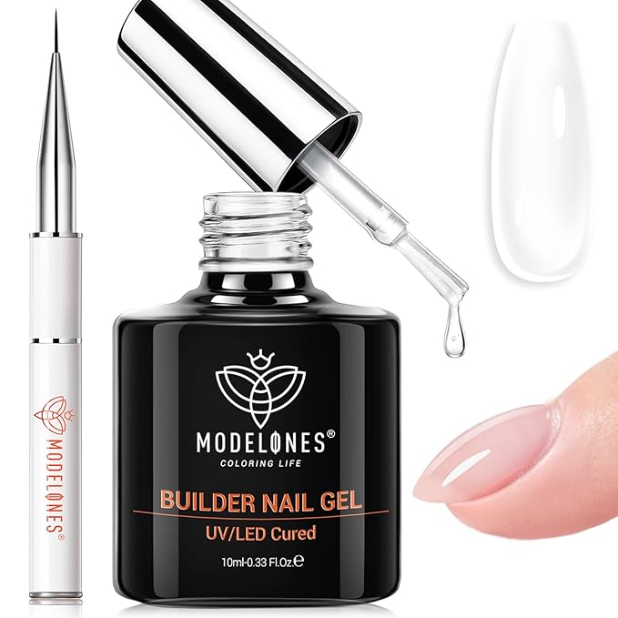 modelones Builder Nail Gel, Clear Builder Nail Polish 7-in-One with Detachable Liner Nail Brush LED Lamp Cured Strengthener Color Rubber Base Coat for Apex Building Extension Thickening 10ml