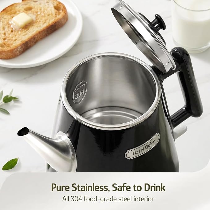 Hazel Quinn Electric Kettle - 1L/34oz Small Tea Kettle, 800W Fast Boil, All 304 Stainless Steel Interior, Double Wall for Cool Touch and Thermal, Auto Shut-Off, BPA-Free, Cordless - Jet Black