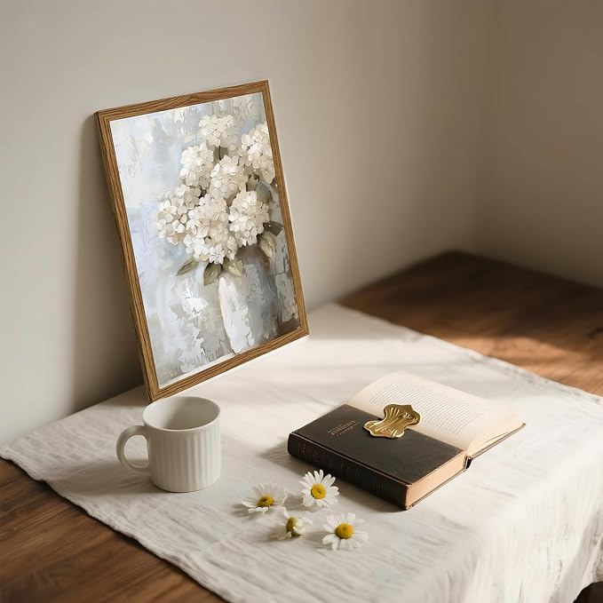 Framed Vintage Canvas Wall Art, White Hydrangea Floral Wall Decor Paintings, Flower Pictures Prints Aesthetic Home Decor for Living Room Bedroom Bathroom Office 12x16 inch