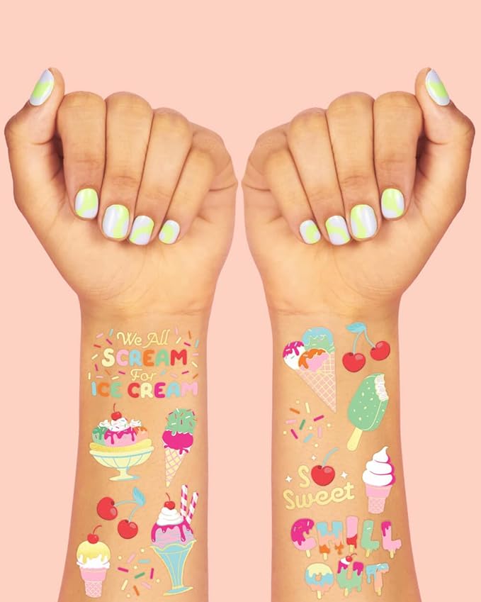 xo, Fetti Ice Cream Birthday Party Temporary Tattoos for Kids - 56 Glitter Styles | Dessert, Sweet Baby Shower Party Supplies, Arts and Crafts